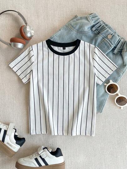 女童条纹短袖T恤一件装，女童撞色圆领休闲上衣，女童夏季打底衫