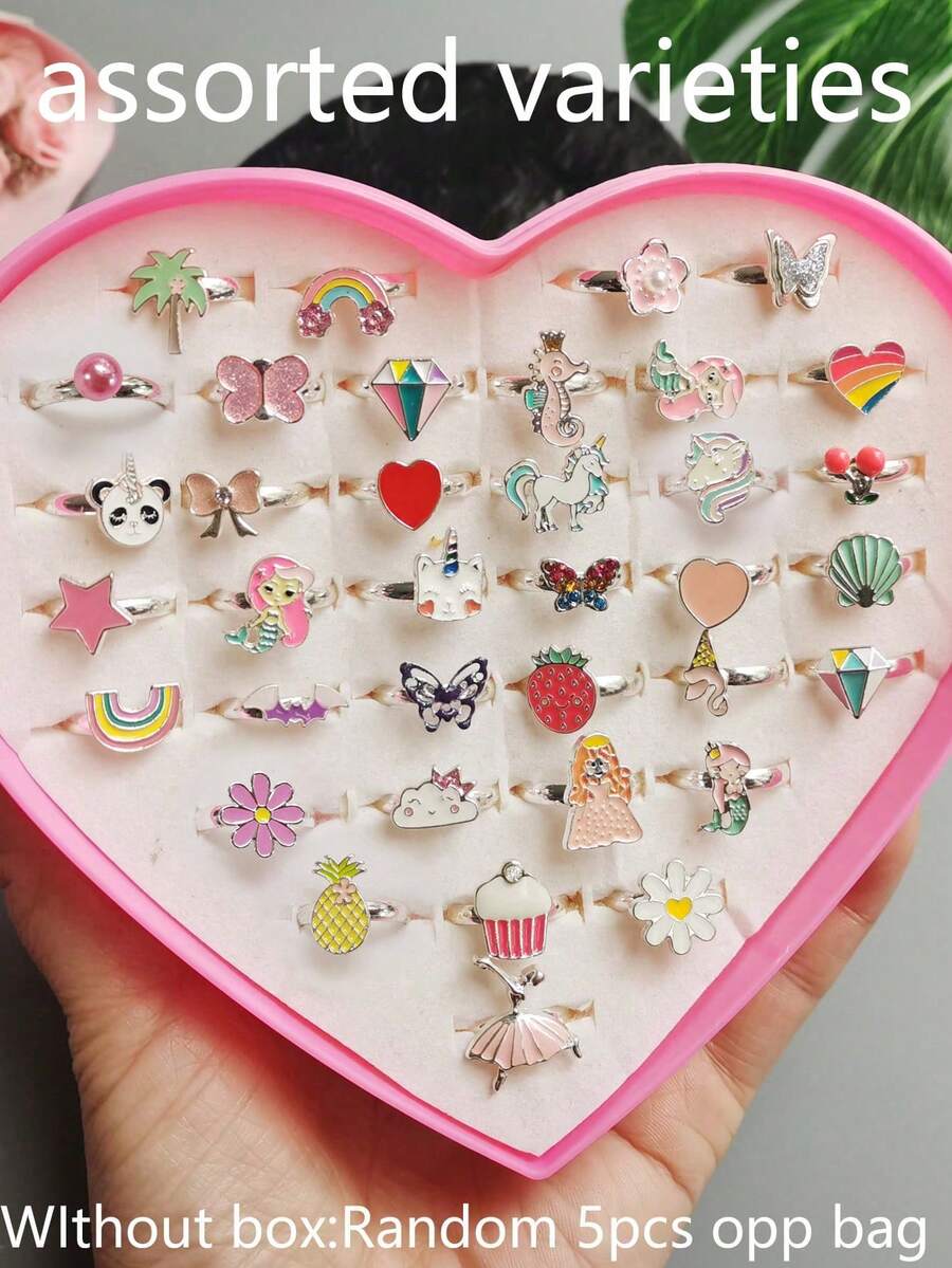 （无盒）5 件/套 时尚银/金合金戒指，女孩款，儿童珠宝礼物，可调节戒指，随机发货。 - 彩色 - 查看 1