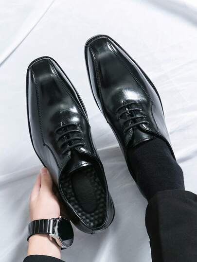 Men's Lace-Up Pointed Toe Formal Shoes, Men's Black Casual Shoes, Retro Patchwork Street Style Men's Wedding Shoes, Office Shoes
