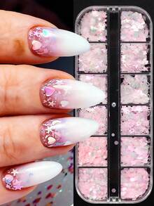 12格粉色爱心花朵美甲装饰套装+指甲镊子，樱花花瓣，蝴蝶，月亮，星星六边形美甲装饰，日式全息美人鱼设计亮片美甲装饰，适合春夏 - 淺粉色 - 查看 3