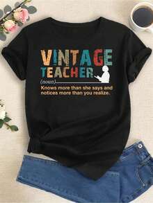 Vintage Teacher Pattern T-Shirt - Women'S Casual Crew Neck Short Sleeve, Breathable Polyester Fiber, Perfect For Spring And Summer, Teachers' Day Print Ladies Casual Crew Neck Tee,Easter Party ShirtWomen's Mother's Day Mom Print Short Sleeve T-Shirt,Ladies  Football Short Sleeve T-Shirt,Ladies All Match Basic Daily T-Shirt - 黑色 - 查看 1