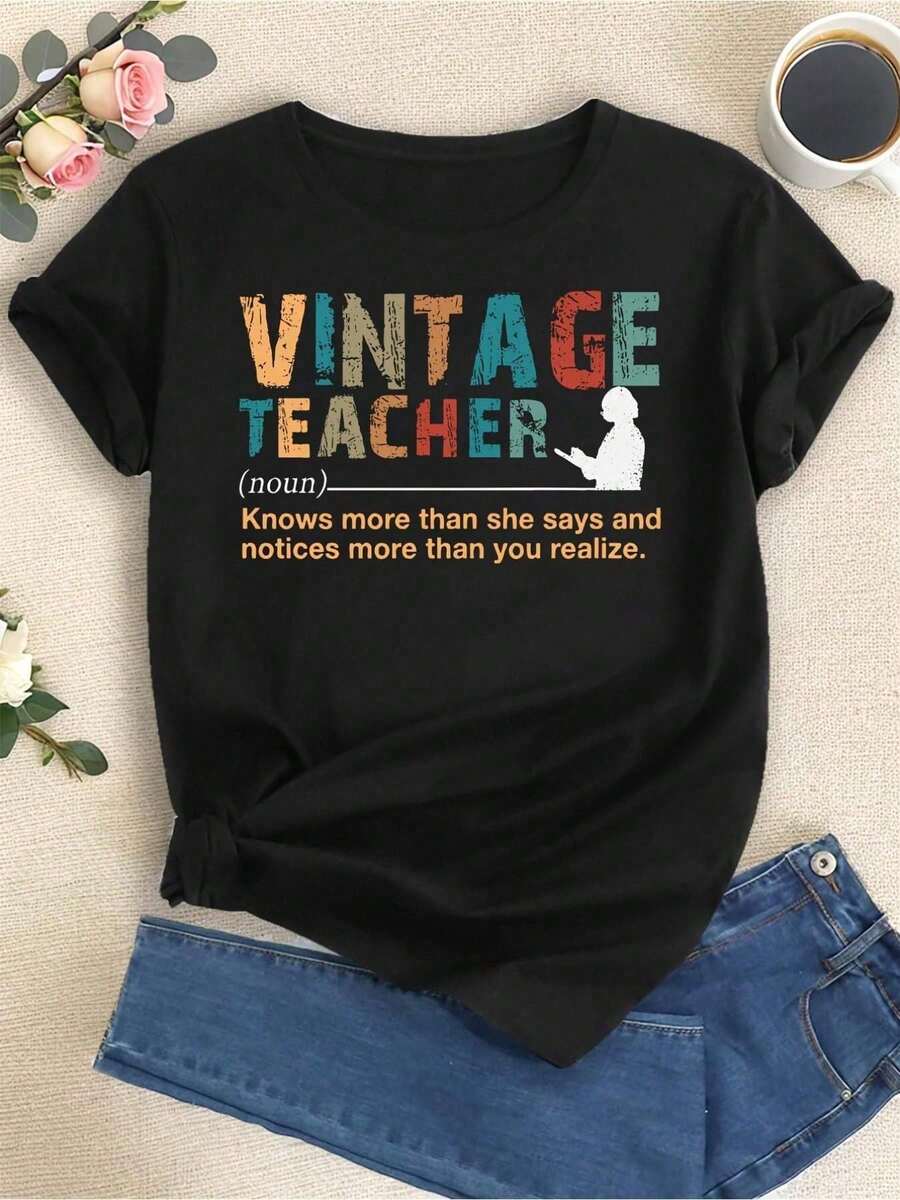 Vintage Teacher Pattern T-Shirt - Women'S Casual Crew Neck Short Sleeve, Breathable Polyester Fiber, Perfect For Spring And Summer, Teachers' Day Print Ladies Casual Crew Neck Tee,Easter Party ShirtWomen's Mother's Day Mom Print Short Sleeve T-Shirt,Ladies  Football Short Sleeve T-Shirt,Ladies All Match Basic Daily T-Shirt - 黑色 - 查看 1