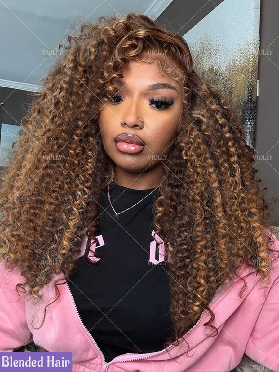 VIOLLY 24 Inch Jerry Curly 13x6 HD Transparent Lace Frontal Ear To Ear Free Parting 200% Density Melted Hairline Baby Hair Pre Plucked Pre Bleached Knots Brown Ombre Highlight Honey Blonde Synthetic Hair Blended Human Hair Wig Gift Ideas For Women