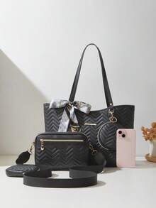 4pcs Women's Commuter Bag Set, Tote Bag, Shoulder Bag, Square Bag, Quilted Bag, Clutch, Coin Purse, Scarf Bag - Black - View 4