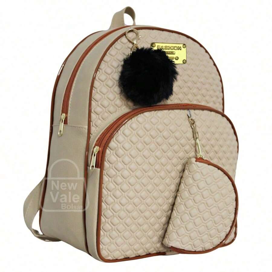 Women's Backpack, Reinforced Small Backpack With Beautiful Exclusive Coin Purse + Pompom Keychain - Beige - View 1