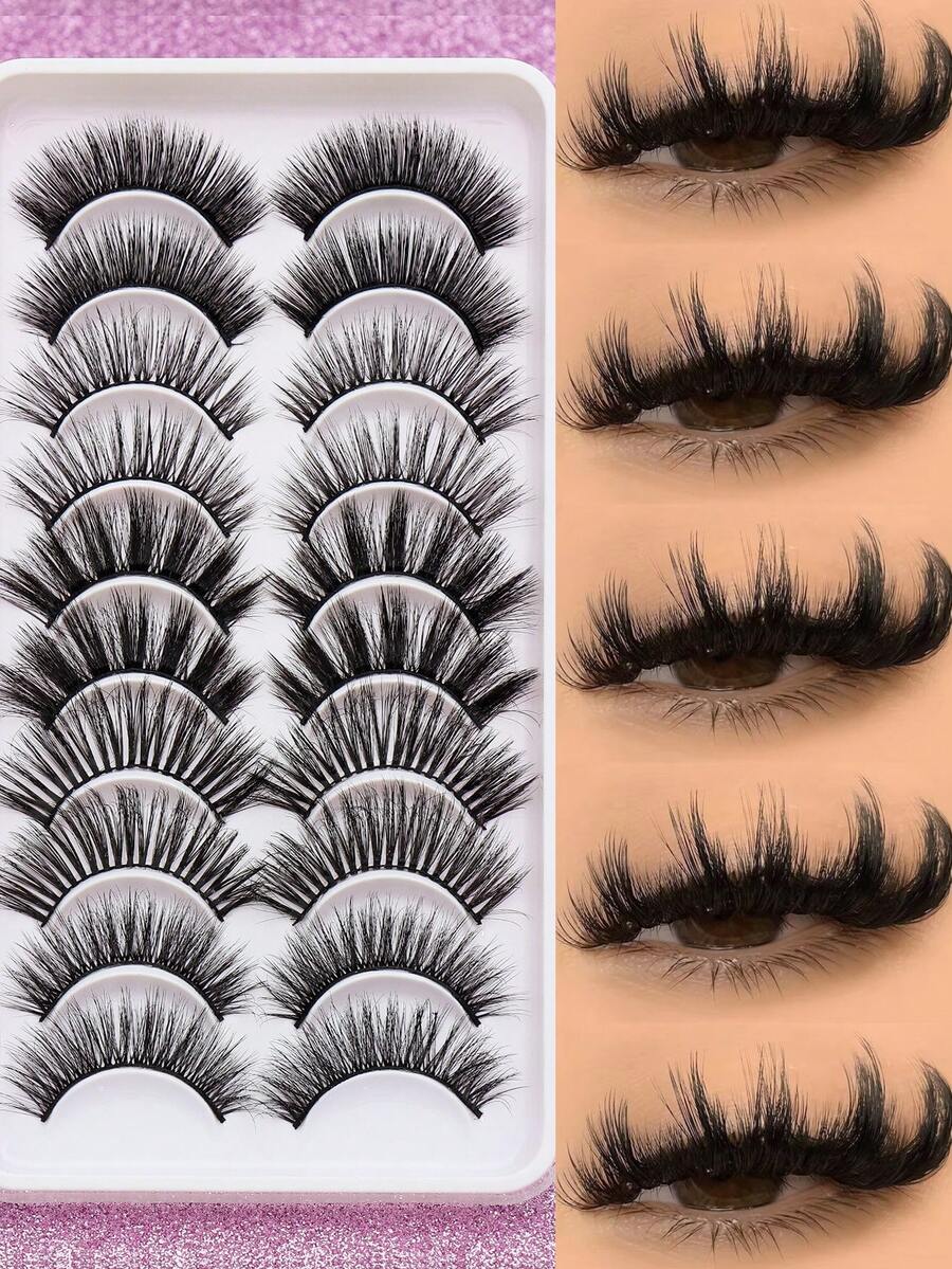 10对混合装，包含五种不同款式的假睫毛，包括自然款、蓬松柔软款、浓密款、3D立体款、水貂毛款、多层睫毛膏款、短款浓密款、批量假睫毛、黑色纤长款、3D立体款、水貂毛款、纤长款、短款浓密款等，适用于各种妆容。 - 黑色 - 查看 1
