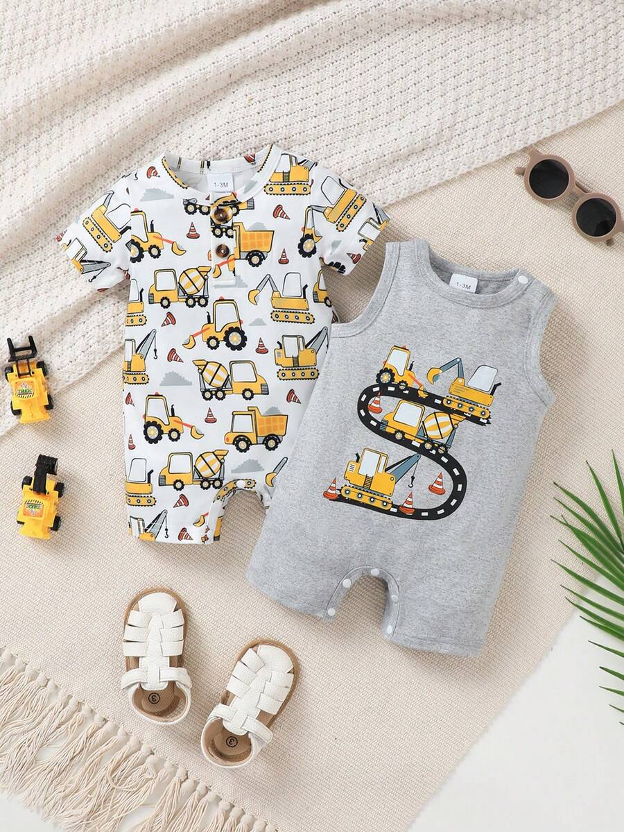 2 pezzi Set tutina, elementi di veicoli da costruzione a cartoni animati, combinazione di colori abbinati, outfit per bimbo, adatto per attività all'aperto estive, vacanze e uso casual quotidiano - Multicolore - Visualizzare 1