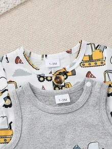2 pezzi Set tutina, elementi di veicoli da costruzione a cartoni animati, combinazione di colori abbinati, outfit per bimbo, adatto per attività all'aperto estive, vacanze e uso casual quotidiano - Multicolore - Visualizzare 3