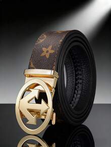 男士奢华字母图案PU皮革腰带，配箭头圆形自动扣，金色/银色/黑色镀金金属扣，复古花卉图案，可调节棘轮设计，商务休闲皆宜，父亲节和周年纪念日的完美礼物 - 彩色 - 查看 16