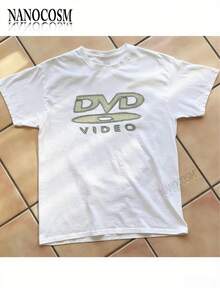 [100% Cotton] DVD Video Nostalgic Green Logo Vintage Gaming Print T-Shirt 2000s Aesthetic Retro Summer Shirt - Unisex Women & Men's Campus Daily Wear - 白色 - 查看 1