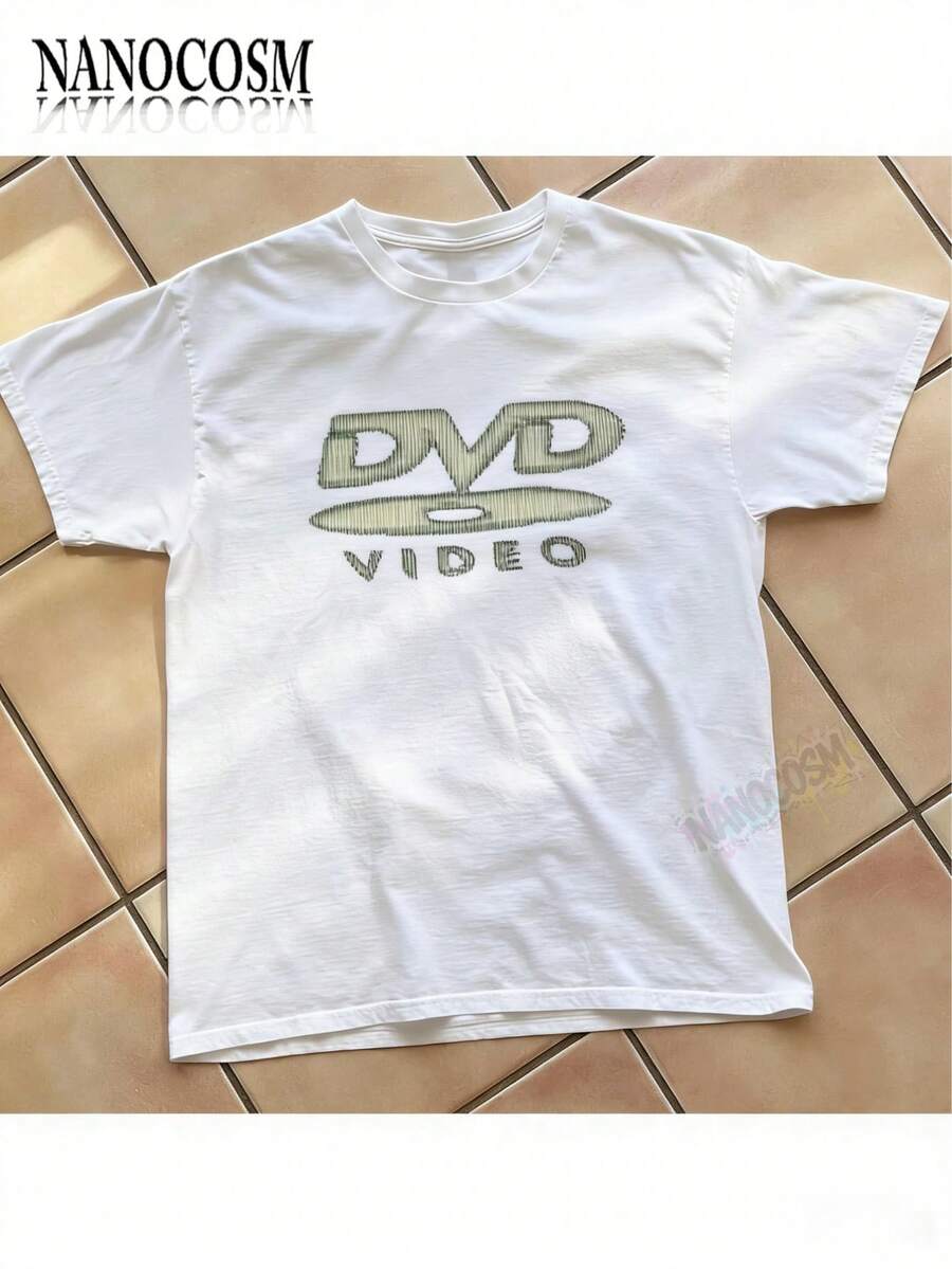 [100% Cotton] DVD Video Nostalgic Green Logo Vintage Gaming Print T-Shirt 2000s Aesthetic Retro Summer Shirt - Unisex Women & Men's Campus Daily Wear - 白色 - 查看 1