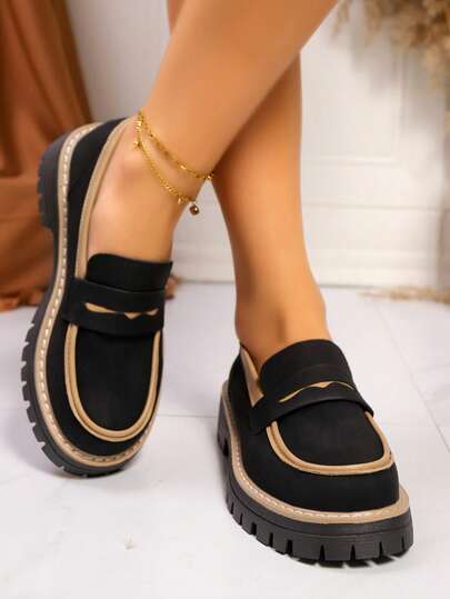 New Women's Platform Loafers, Fashionable Versatile Leather Upper Slip-On Round Toe Shoes For Spring/Autumn, Black