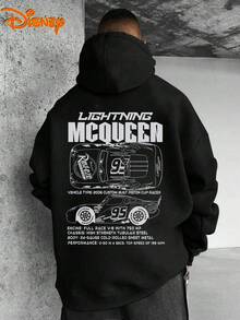 Disney Men's Casual Hoodie, Lightning McQueen Technical Sketch Print, Mechanical Racing Design, Relaxed Fit, Ideal For Car Fans & Daily Streetwear - 黑色 - 查看 3