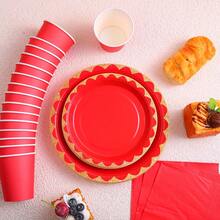 Red & Gold Rim Disposable Tableware Set, Includes 7/9 Inch Paper Plates, Paper Cups, Paper Napkins, Suitable For Birthday Party, Holiday Party, Gathering, Celebration, Wedding Tea Party, Graduation Ceremony Disposable Party Supplies - Bright Red - View 4