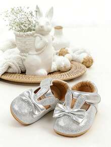 Cute Infant Girl Shoes With Bunny Ears, Infant Mary Jane Flats Princess Wedding Easter Dress Shoes Newborn Crib Shoes Prewalker First Walkers - Silver - View 5