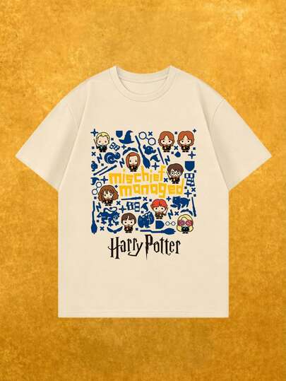 Whysmera SHEIN X Harry Potter Women's Fashion Casual Short Sleeve T-Shirt, Cute Cartoon Characters & Hippogriff Print, Breathable, Retro Comic Style, Suitable For Daily Wear, School, Movie Night, Summer Outings, And Wizarding World Themed Parties