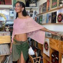 Women Sheer Mesh Poncho Top Crochet Knit Lightweight See Through Shawl Wrap Summer Oversized Loose Shrug Beachwear Swimsuit Bikini Cover Ups - 粉色 - 查看 2