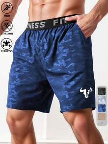2026 NUEVO Shorts Deportivos para Hombre con Estampado de Cabeza de Toro y Letras, Bolsillos Laterales, Estilo Casual Verano, Ropa Deportiva para Exterior y Gimnasio - Azul marino - Ver 12