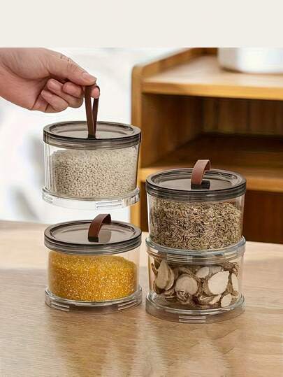 3-Layer Round Handled Spice Jar, Multi-Layer Airtight Food Storage Container, Transparent Sealed Canister, Suitable For Grains, Cereals, Snacks And Seasonings. Applicable For Refrigerator And Countertop Storage, Home Kitchen Cabinet