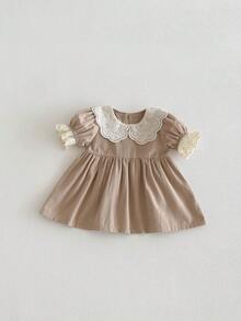 Toddler Girls' Loose Fit Hollow Out Peter Pan Collar Short Sleeve Dress, Spring/Autumn, Runs Slightly Large - Khaki - View 4