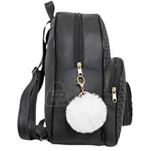 Women's Backpack, Reinforced Small Backpack With Beautiful Exclusive Coin Purse + Pompom Keychain - Black - View 2