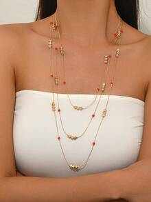 1件性感时尚欧美中东波西米亚风DIY多色串珠项链，新款仿珍珠心形吊坠项链，多心双层项链，多色树脂块配CCB金链项链，四叶五叶幸运花银链项链，仿绿松石珠和玻璃珠三层项链，水钻设计金链双层项链，星形CCB配红色珠子三层项链，女士珠宝项链等等。简约奢华轻盈，可搭配任何日常服装，适合情人节、感恩节、送给女朋友、朋友的礼物。 - 彩色 - 查看 2