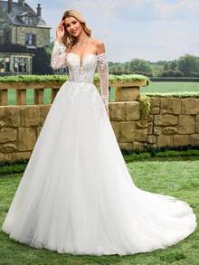 Đầm cưới trắng voan mỏng thêu họa tiết, hở vai, không dây vai, tay dài, thích hợp cho lễ cưới, lễ cưới nhà thờ, tiệc chiêu đãi và các dịp khác. - trắng - Xem 8