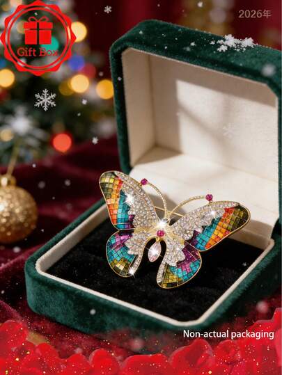 1pc18k Golden Plated French Classic Colorful Butterfly Brooch With Gift Box, Suitable For Christmas And Valentine's Day Wear, Suitable For Giving Gifts Throughout The Four Seasons