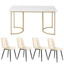 Dining Set (5 Pieces), Table And 4 Chairs, Modern Kitchen Set, 140*80cm Kitchen Table With Black Metal Legs, White MDF Top, Beige Velvet Dining Chairs - Apricot - View 5