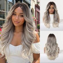 Ash Grey Ombre Body Wave Wig For Women, 22 Inch Machine Made Synthetic Wig With Bangs Heat Resistant - Grey - View 12