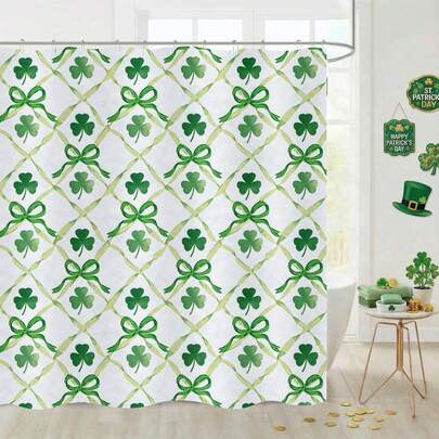 1件装清新三叶草图案浴帘，完美适用于浴室装饰、通用房间装饰、家居装饰、浴室配件、浴缸帘、淋浴帘