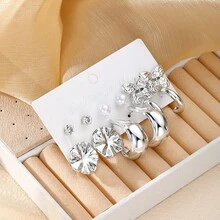 Set de 12 piezas de aretes en forma de C con diamantes de imitación y perlas 2026, diseño de lujo minimalista y único, adecuado para uso diario - Plateado - Ver 4