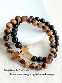 虎眼石男士十字手链，象征自信、守护、稳定和力量，波西米亚风格能量疗愈瑜伽冥想灵性珠宝礼品，男女皆宜 - 彩色 - 查看 6