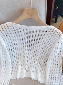 Women's Lightweight Knit Cardigan, Summer Sexy Casual Design Lace-Up Cropped Hollow Out Blouse - White - View 6