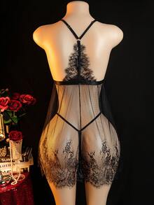 性感内衣套装，吊带开衩连衣裙套装配丁字裤 - 黑色 - 查看 4