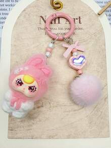 1pc New Flocked Ombre Asymmetric Ear Keychain, Fashionable Cute Cartoon Accessory, Bag Charm Keyring - Multicolor - View 15