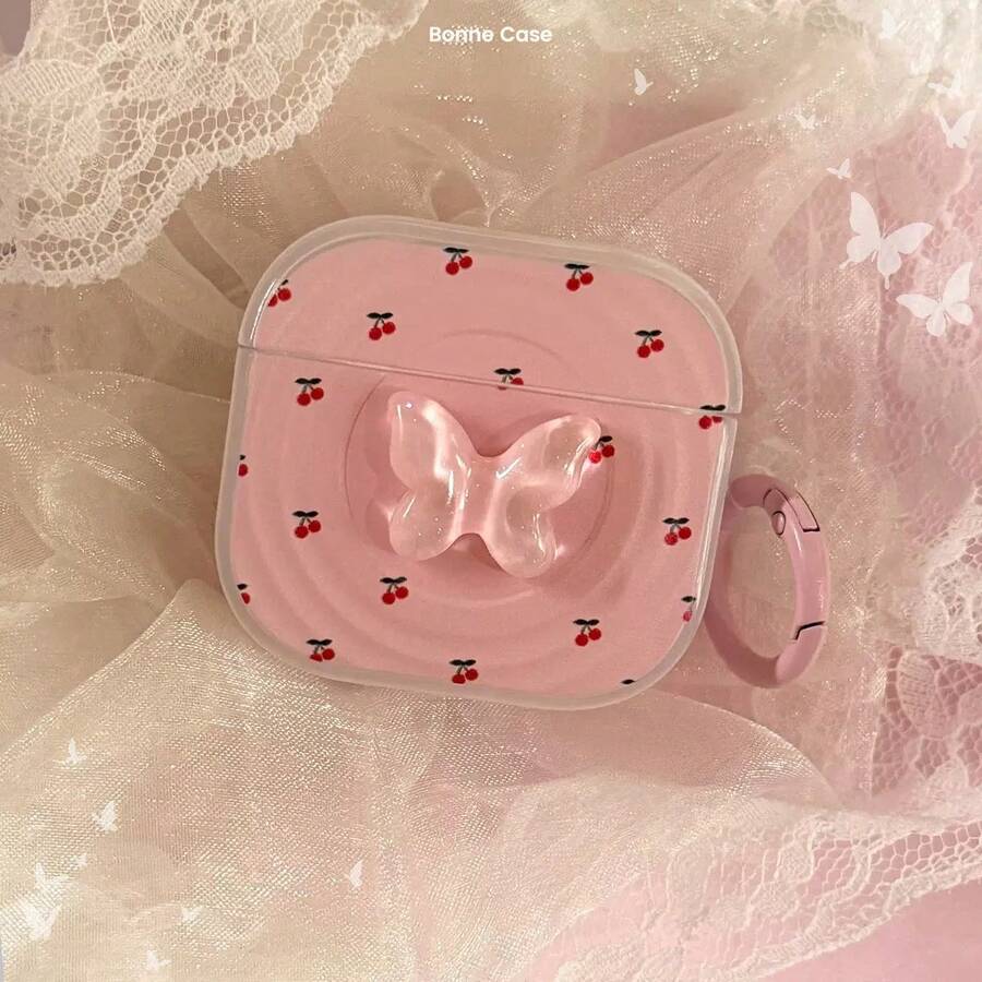 Pink Cherry Hanging Ring Suitable For AirPods Pro 3 Earphone Case, Pro 2 Protective Case, Bluetooth Wireless 4th/3rd Generation Stereoscopic Butterfly - Pink - View 1