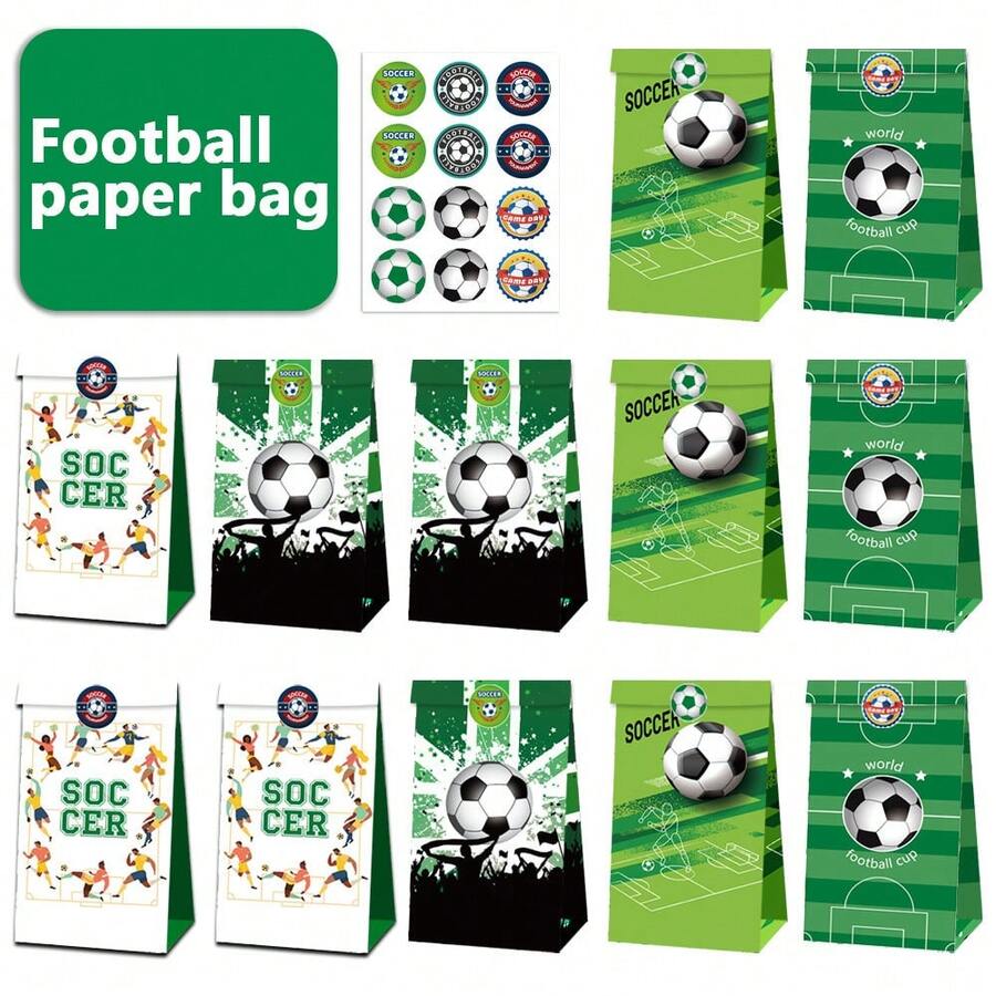 12pcs World Cup Football Party Supplies, Football Field Gifts, Kraft Paper Bags, Stickers, Set Packaging Bags - Multicolor - View 1