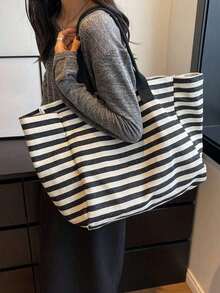 Simple Stripe Design Tote Bag For Girls Women Canvas Shoulder Bag Ladies Shopping Bags High Quality Handbags School Tote Bag, Portable, Foldable, Business Casual, Suitable For Teen Girls Women College Students, Teacher, Rookies & White-Collar Workers College, Vacation, Beach, Holiday, Shopping, School Handbag, School Bookbag, Back To School Bags, Large Capacity, Lightweight, Classic Casual, Perfect For Back To School, First Day Of School, Holiday, Tote Bags For School, College Essentials , Teacher Gift ,Vacation Essentials , Beach Bag, Vacation - 黑與白 - 查看 3