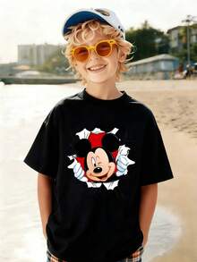 Disney Mickey Mouse Playful Breakthrough Print Boys Casual Tee, Comfortable Skin-Friendly Breathable Easy-To-Wear Shirt For Outdoor Activities And Family Trips - Black - View 4