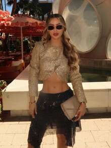 春季亮片外套 女款 短款 时尚优雅 长袖 圆领 修身 外衣 - 卡其色 - 查看 5