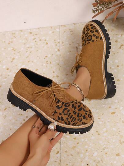 Fashionable Color Block Round Toe Platform Women's Casual Lace-Up Loafers, Versatile For All Seasons