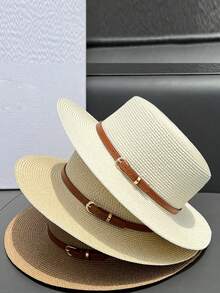 新款草帽 女士宽檐遮阳帽 平顶帽 法式复古简约休闲沙滩遮阳帽 时尚百搭，涤纶材质，防风防紫外线，春夏款 - 帽子 - 查看 2