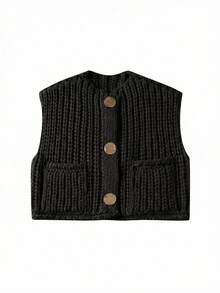 Women's Solid Color Knitted Pocket Decor Chunky Knit Vest - Black - View 2