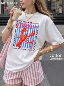 OverSize Summer Outfits For Women | Cotton T-Shirt | Lobster Blue Stripes Red Crab Pattern | Vacation Outfits Women Tee | Plus Size Women Clothes | Unisex. - trắng - Xem 2