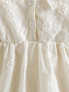 Young Girls' Elegant Summer Dress, Solid Color Jacquard Fabric, Bow Decor Puff Sleeves, Turndown Collar Button Half Placket, Lined, Casual Fashionable Sweet Girls' Dress, Suitable For Daily And Party Occasions - White - View 4