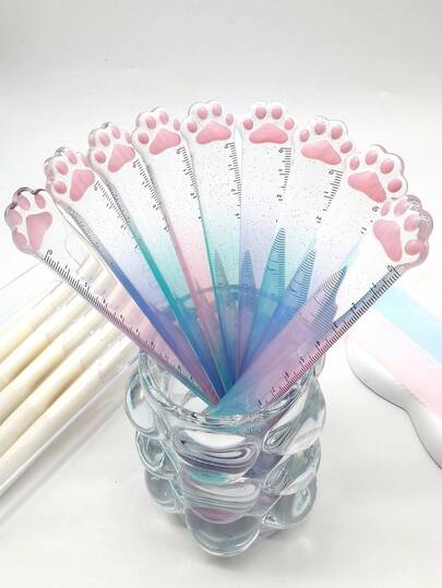 1pc Random Color/3pcs Cute Cat Paw Ruler, 15cm Gradient Color Ruler, Student Stationery Supplies