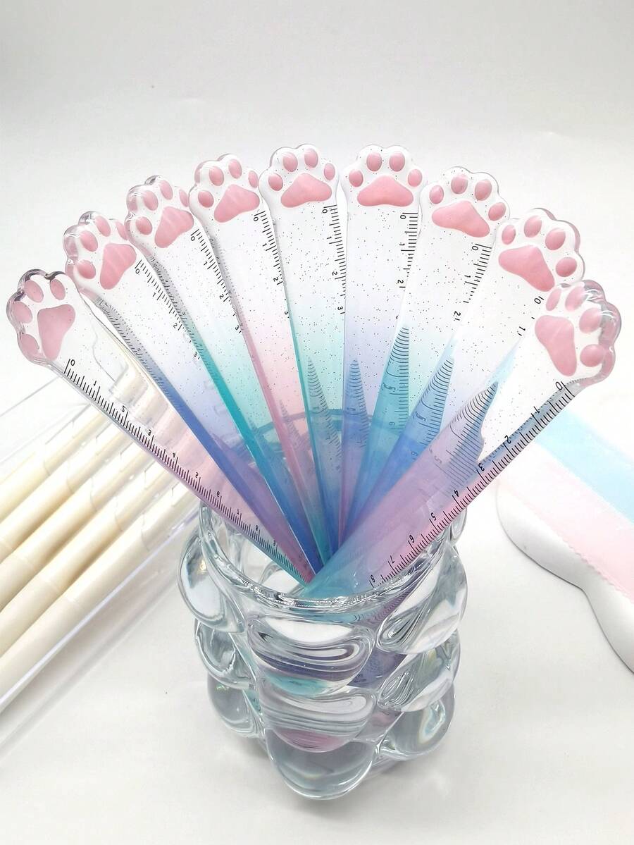 1pc Random Color/3PCS Mixed Color, Cute Cat Paw Ruler, 15cm Gradient Color Ruler, Student Stationery - Color - View 1