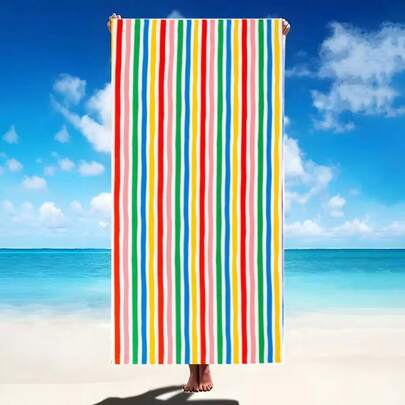 1pc Striped Beach Towel, Thick Super Soft Fiber Beach Towel With Active Print, Fade-Resistant, Non-Stick Sand, Durable, Suitable For Bathroom, Beach, Sofa, Swimming Pool, Camping