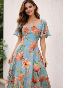 Women's Midi Dress With Short Sleeves, Princess Style, Elegant - 藍花 - 查看 2